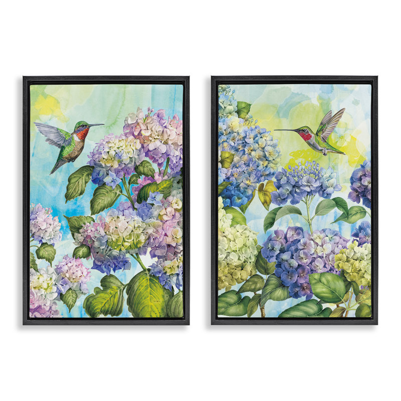 Hummingbirds and Hydrangeas 2pc Floating Frame Set, design by Tim Coffey, Jet Black Floater Frame, 25" H x 17" W