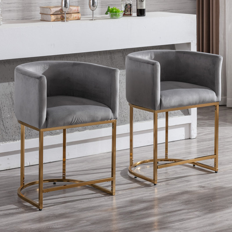 Tabourets de bar Shalon, Velours gris / cadre doré, Tabouret de bar (siège d'une hauteur de 24 po)