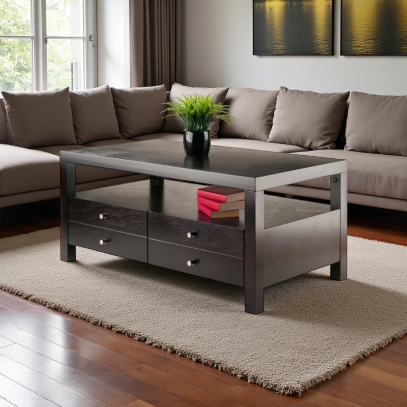 Danija 4-Drawer Coffee Table With Shelf in Espresso Finish, 17.87'' H X 39.73'' W X 21.82'' D, 18.35"H x 40"L x23.03"D