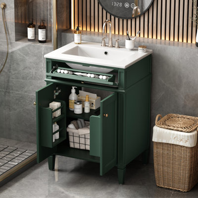 24 Bathroom Vanity With 2 Doors, Tip - Out Drawer, Solid Wood Legs, Easy Clean Ceramic Basin, Ideal For Remodeling Glossy Soft Closing Hinges, Upgrades