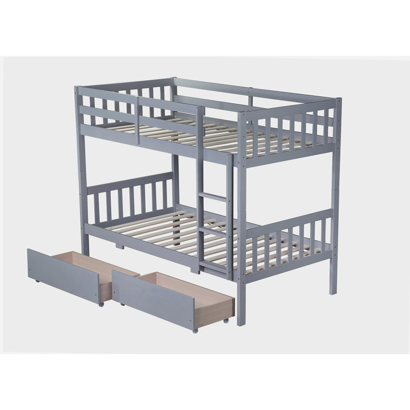 Lit double en bois d'hévéa avec deux tiroirs, convertible en deux lits simples avec échelle et barrière de sécurité, Gris