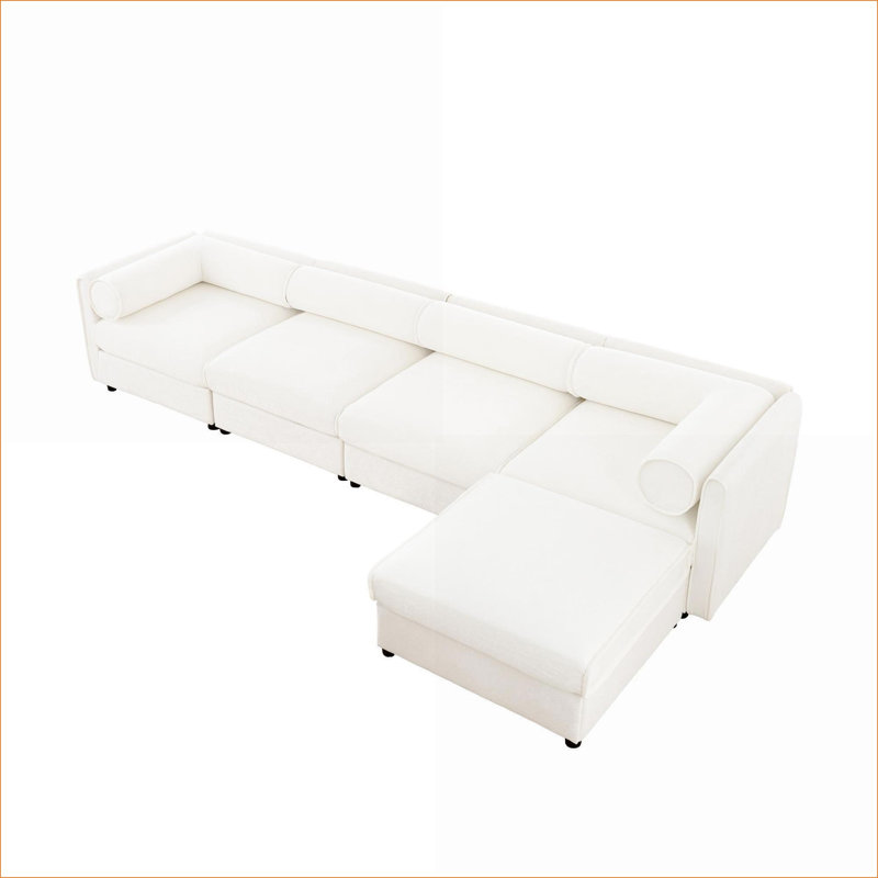 Canapés modulaires | Canapé modulaire en L à 4 places avec rangement, moderne pour salon, blanc | Blanc / chenille