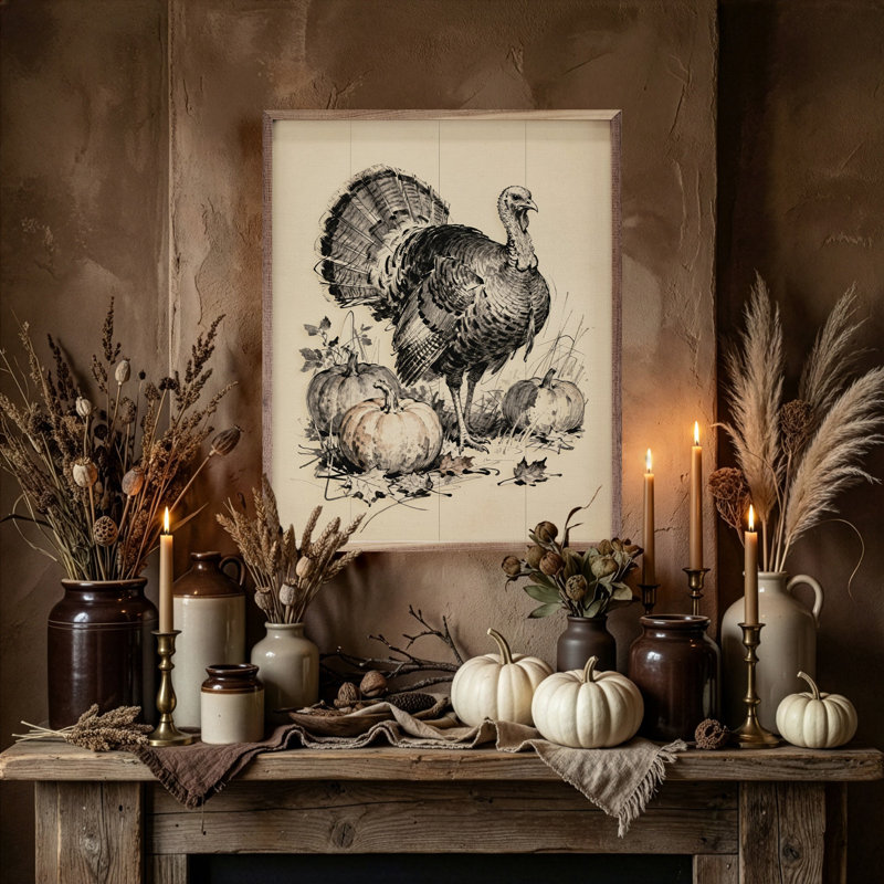 Turkey With Pumpkins, 10" H x 8" W