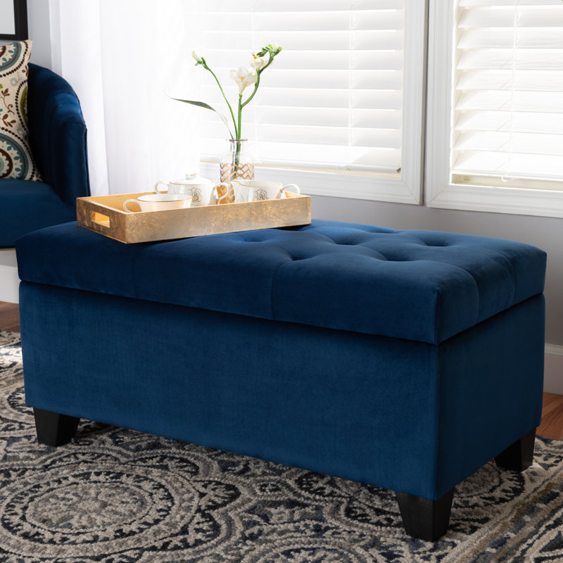 106cm Wide Velvet Tufted Rectangle Solid Colour Standard Ottoman with Storage, Navy Blue