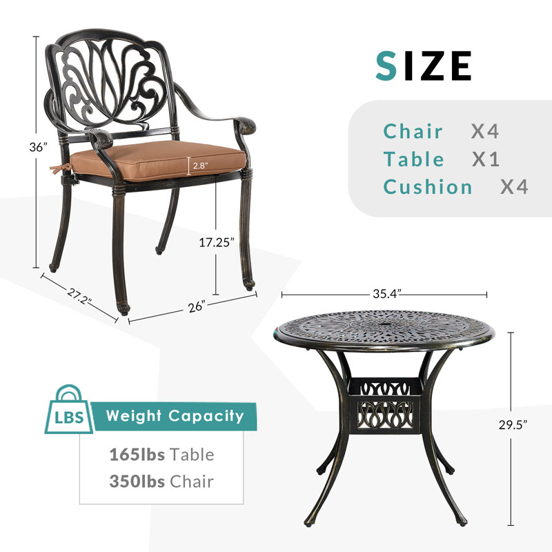 4 - Person Patio Dining Set with Round Table , Cushions Included, Khaki