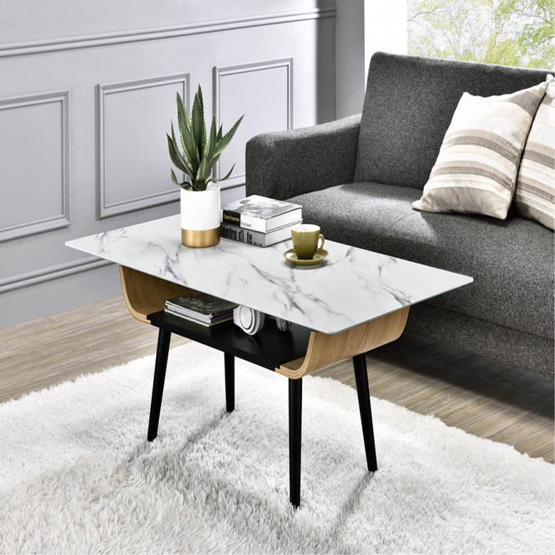 Table basse l 47 po avec plateau en verre marbré Lorenzo, Blanc
