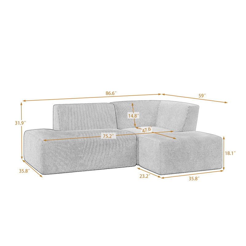 Berlare Boneless 3 - Piece Upholstered Compression Corduroy Modular Sectional Sofa Set with Removable Ottoman – Fully Compressed, No Assembly Required