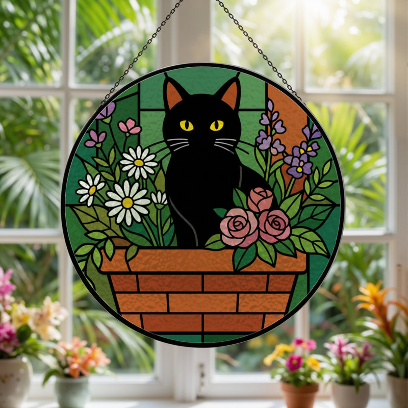 7.8"H Black Cat Stained Glass Window Panel, 7.8" H x 7.8" W