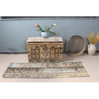 Beige Turkish Runner Rug Perfect For Kitchen With Antique Oushak Design And Patchwork Elements