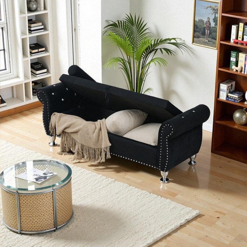 Velvet Upholstered Storage Ottoman Bench With Crystal Buttons, Wood Frame, Metal Legs, Black