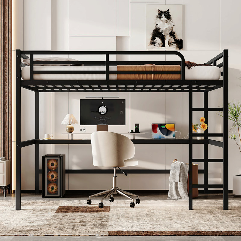 Grand lit mezzanine en métal avec prise de courant et éclairage à DEL, peu encombrant, noir
