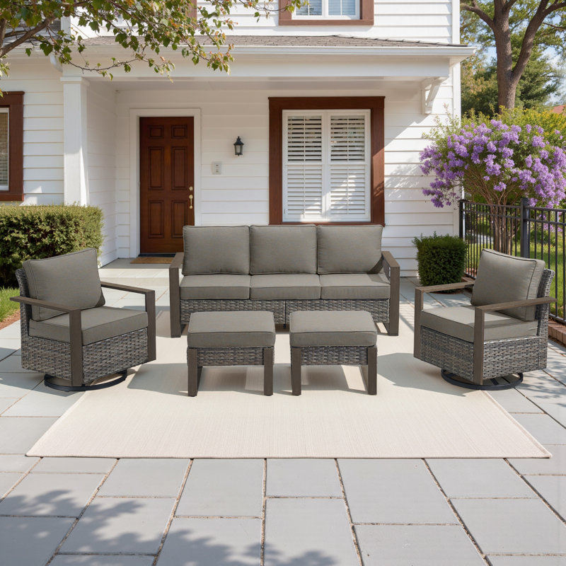 Ensemble de meubles de patio 5 pièces Allcot, canapé d'extérieur en osier avec coussins pivotants et confortables, Gris, Gris