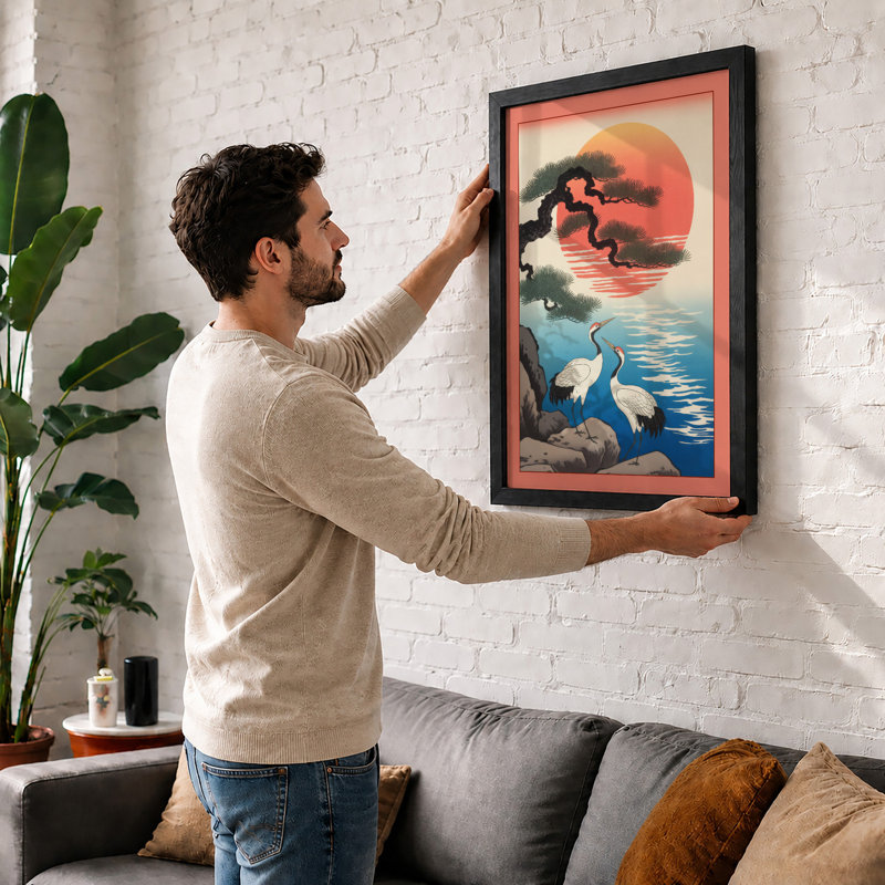 Herons at Sunrise Japandi - Framed Print, A1 - 84.1 x 59.4 cm, Oak