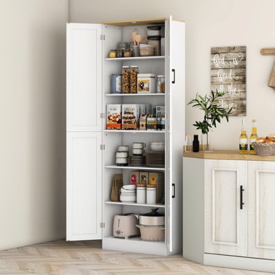 67" Kitchen Storage Pantry, Freestanding With 4 Doors And Adjustable Shelves, White For 4-Door Cabinet, Solution