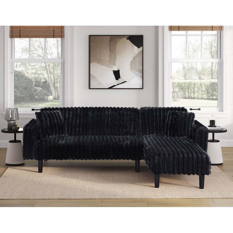 Canapé modulaire en velours côtelé réversible clic-clac avec USB et 2 coussins décoratifs, Velours côtelé noir