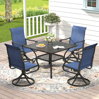 Ensemble de salle à manger de patio pour 4 personnes avec table de salle à manger carrée avec trou pour parasol et chaises pivotantes en textilène