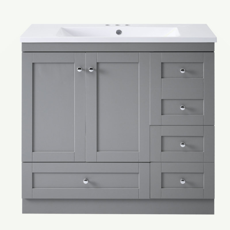 Armoire de salle de bain sur pieds 36 po avec lavabo, 4 tiroirs à fermeture en douceur et 2 portes à fermeture en douceur Shaker