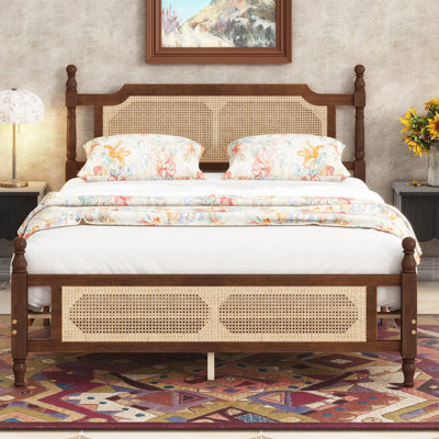 Elegant Rattan Headboard Bed with Spherical-Head Posts and Versatile Design