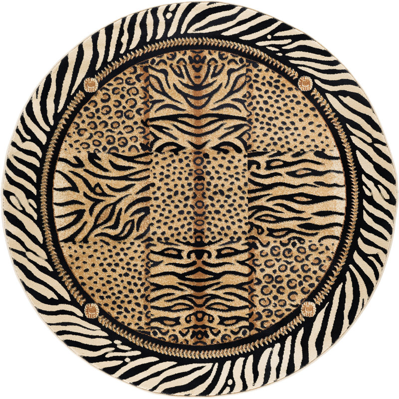 Alpaslan Animal Print Leopard, Tiger, Zebra Beige/Black Area Rug, Round 5'3"
