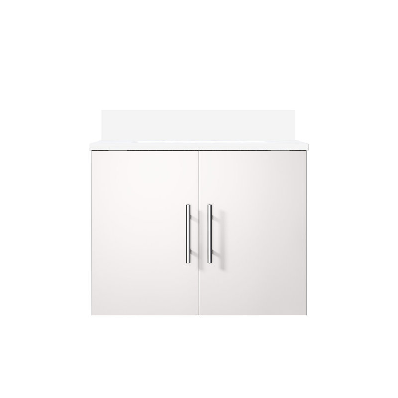 Comptoir de salle de bain blanc lustré l 24 po x P 22 po, comptoir en quartz, structure en bois massif, fermeture en douceur, espace de rangement spacieux, surface pour les égratignures et les taches, pré-percé pour trou de robinet simple 24 po x 22 po
