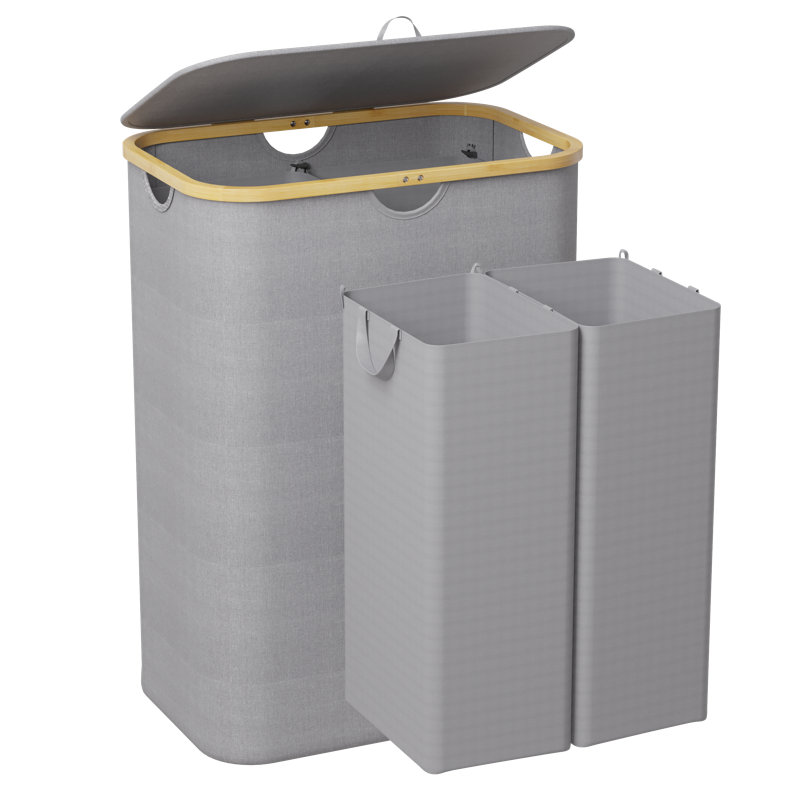 2-Section Laundry Hamper with Lid & Removable Bags, 160L Collapsible Clothes Basket with Bamboo Handles, for Bedroom, Bathroom, Dorm & Laundry Room
