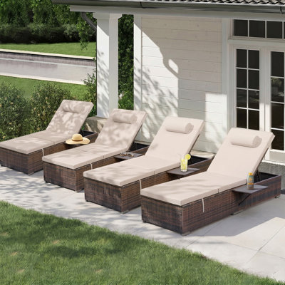  Outdoor Rattan Chaise Lounge Set of 4 with Reclining Backrest, Sidetable, Cushions & Head Pillows