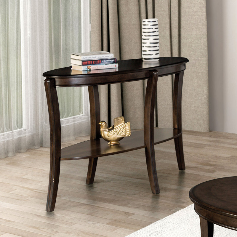 Table de canapé de forme ovale avec tablette de rangement inférieure ouverte et pieds courbés