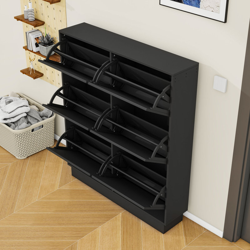 Armoire à chaussures moderne, 6 tiroirs rabattables, rangement réglable et crochets, Noir