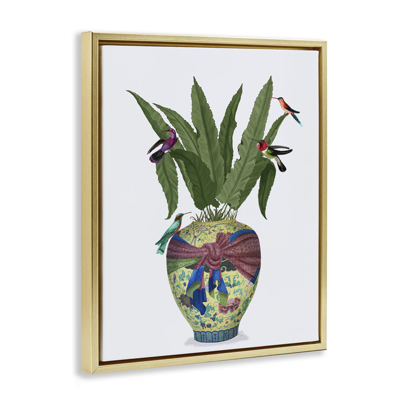 Art mural sur toile flottant, "Traditional Birds on Planter" par Fab Funky, H 31 po x l 25 po, Cadre flottant métallique doré