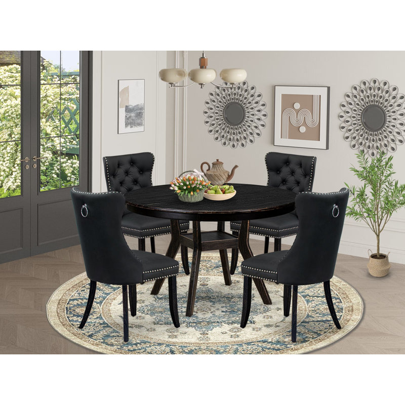 Ensemble de table de salle à manger 5 pièces avec similicuir 4 chaises de salle à manger gris foncé, dossier capitonné et une table ronde de 48 po au fini noir sablé.