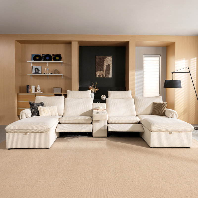 Modular Reclining Sectional Sofa with Console & 2 Ottomans, U-Shape Corduroy Sofa with USB Charging, Cup Holders & Storage