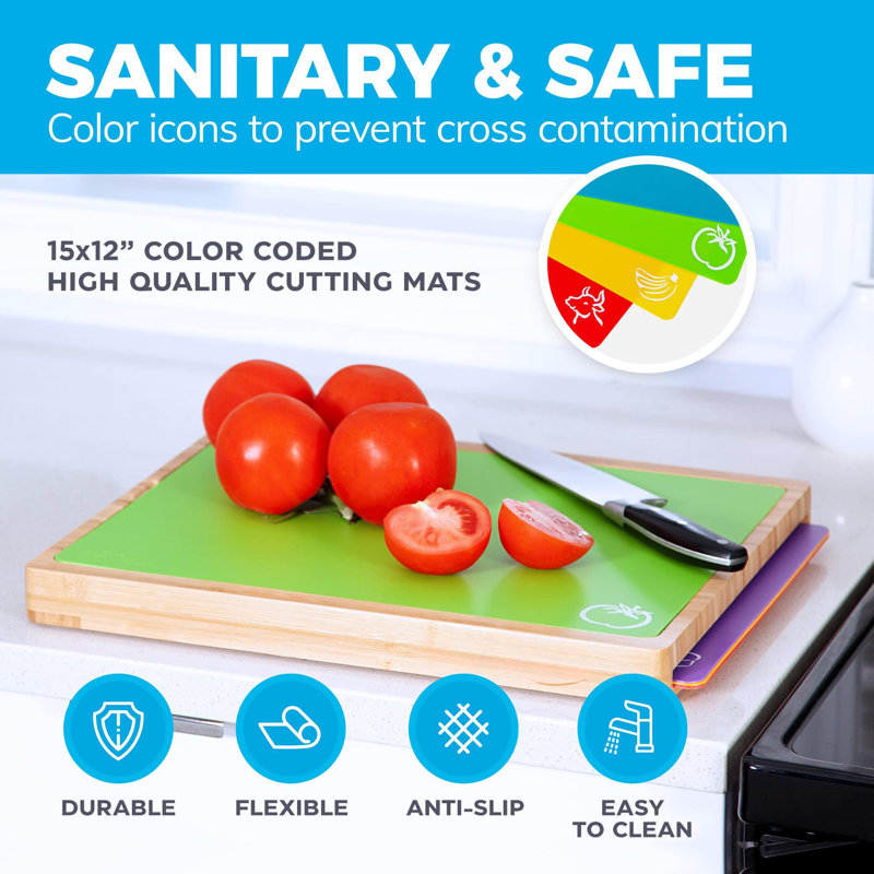 Bamboo Cutting Board Set - Easy-To-Clean Wood Cutting Board Set With 6 Color-Coded Flexible Plastic Cutting Boards With Food Icons - Wooden Cutting Boards For Kitchen - Wooden Chopping Board Set