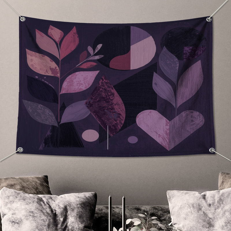 Tapisserie murale géométrique abstraite - feuilles, H 50 po x l 60 po avec 4 œillets