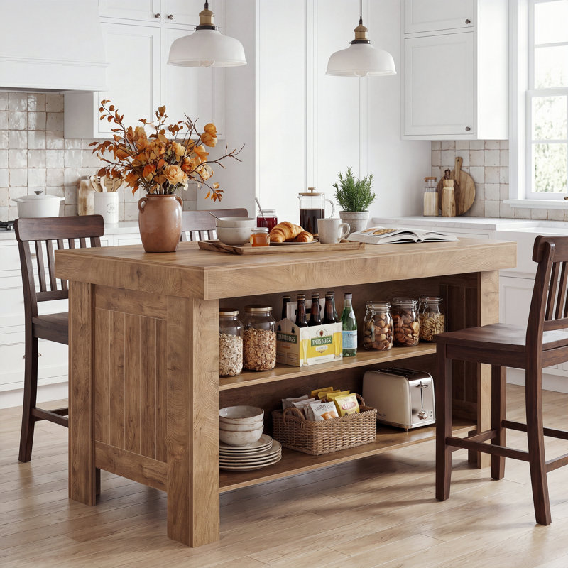 Wood Kitchen Island With Storage Shelf, 55.12" Farmhouse Kitchen Prep Table For Dining Room, Natural Brown