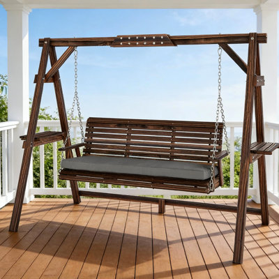 Garden Swing - Wooden Outdoor Conversation Chair With Ergonomic Seating, Removable Cushion, Built In Side Shelves, And Adjustable Chain System. Fir Wood Frame Resists Wear Thick Padded Convenient For