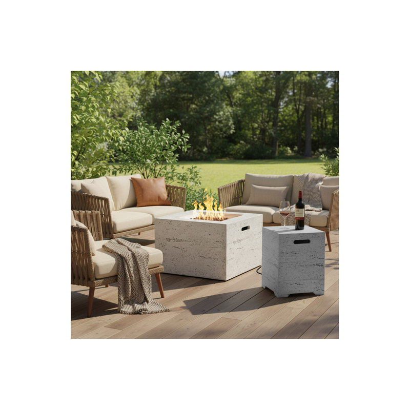 24.02'' Square MGO Propane Fire Pit Set, 40,000 BTU Outdoor Fire Pit Table with Steel Burner, Adjustable Flame, Lava Rocks & Rain Cover, Includes 15.75'' Propane Tank Cover Table, No Assembly