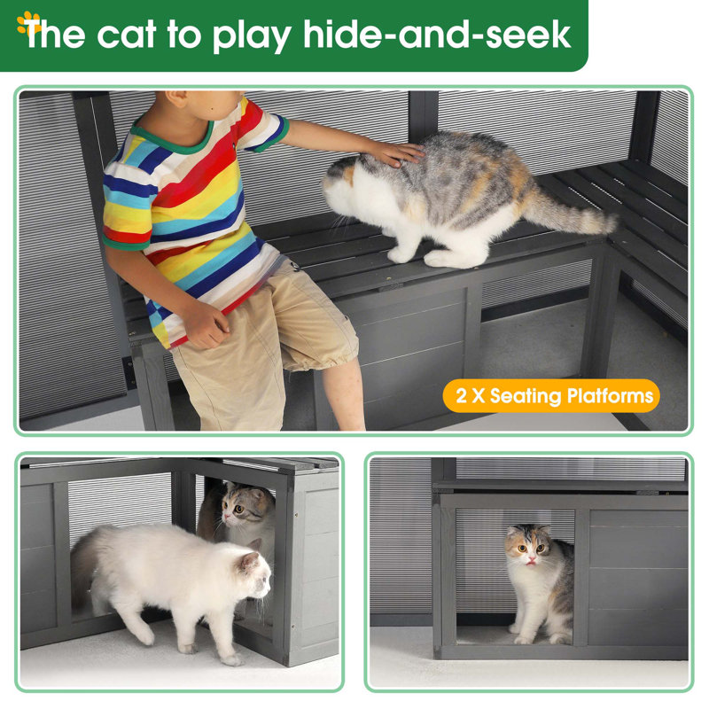 Outdoor Wooden Cat Enclosure with Multiple Play Features for Pets