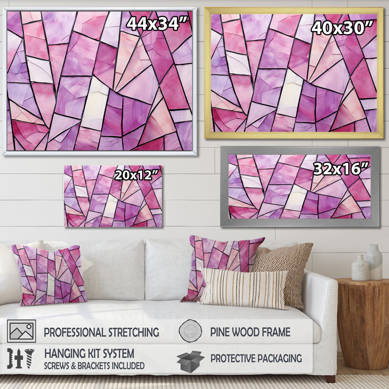 Abstrait géométrique mauve II, art mural abstrait, Cadre flottant noir, H 16 po x l 32 po x P 1 po