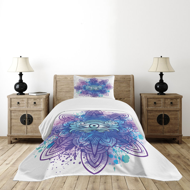 Ambesonne Eye Bedspread Set Third Eye Mandala Aqua Blue Purple, Twin Bedspread + 1 Standard Sham