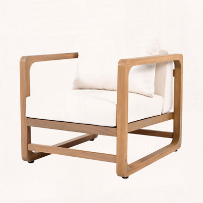 Fauteuil club en bois d'acacia avec siège surdimensionné et coussin blanc