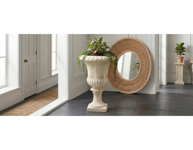 Pot à fleurs cannelé en M 24,2 po avec piédestal classique pour jardin, patio et entrée, Blanc antique, 1