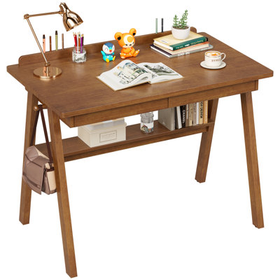 Bureau 100% bois massif avec tiroirs et tablette de rangement - bureaux de 40 x 24 pouces de style Mid-Century moderne, bureau d'écriture rétro avec bureau plus profond, bureaux d'ordinateur de bureau à domicile pour la chambre à coucher et la maison - couleur noyer