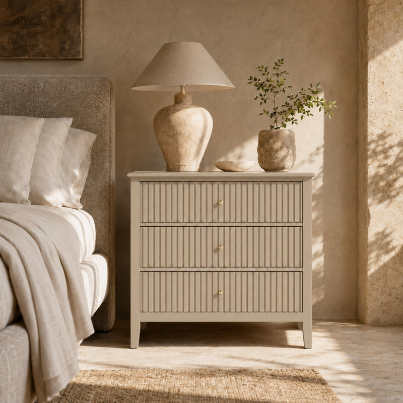 Commode 3 tiroirs 32 "avec façades cannelées, Beige