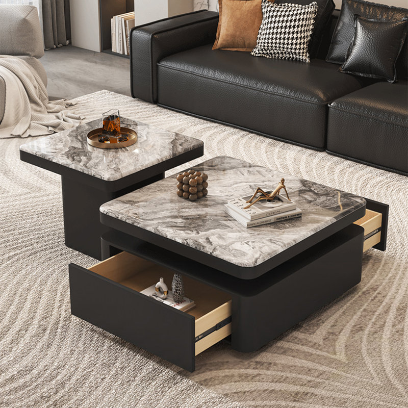 Table basse moderne en pierre micro-cristalline, H 14,6 po x L 31,5 po x l 31,5 po, Blanc / Gris