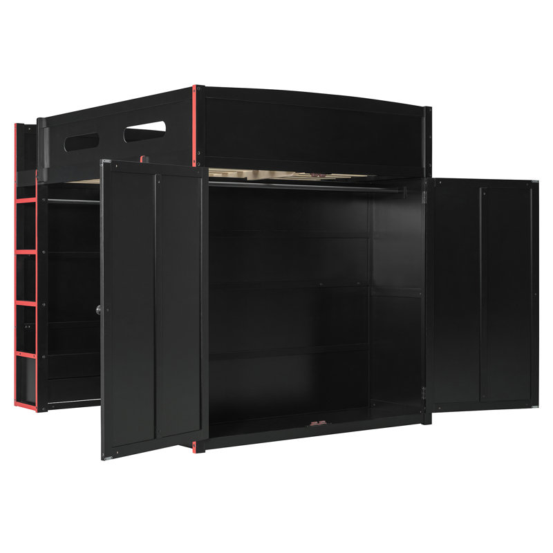 Lit mezzanine double avec bureau, lumières RVB, garde-robe et rangement, rouge, Rouge