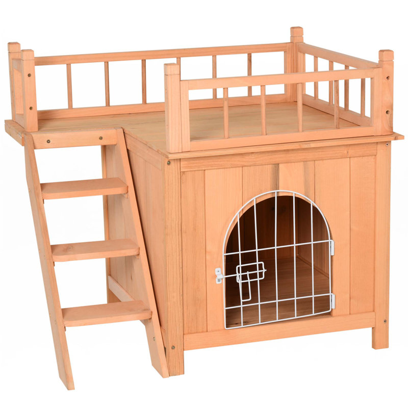 Maison pour chat à 2 niveaux en bois, abri pour chien avec porte grillagée et balcon verrouillable