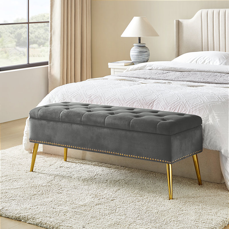Clasby 116cm Wide Transitional Polyester Upholstered Tufed Bench with storage space, Grey