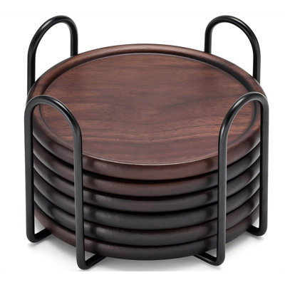 Sous-verres en bois avec support en métal, ensemble de 6 sous-verres en bois de noyer, protection de table pour boissons, table basse, cuisine, bureau, bar, salon, décoration, pendaison de crémaillère, cadeaux, fête de mariage