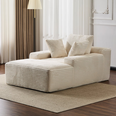 Chaise longue blanche avec revêtement en velours côtelé, 3 coussins décoratifs, accoudoirs larges, support ergonomique, mousse à mémoire de forme, fauteuil moderne surdimensionné sans assemblage pour se détendre à la maison, rembourrage en mousse, forme, espace de vie