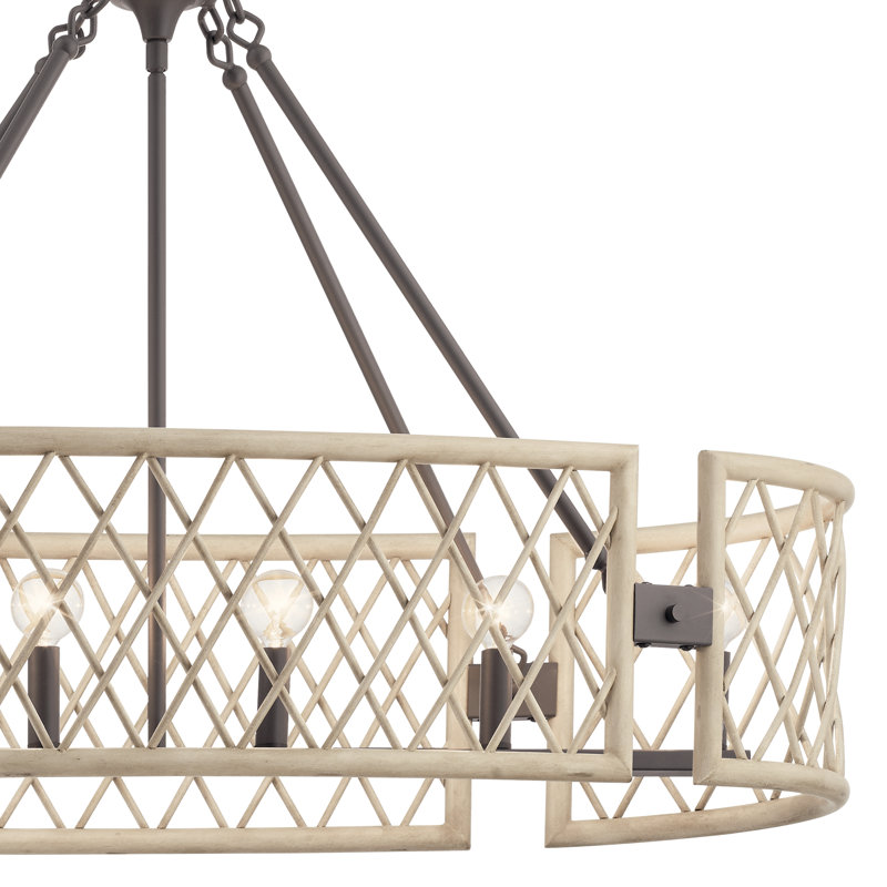 6 - Light Dimmable Drum Chandelier, White Washed Wood
